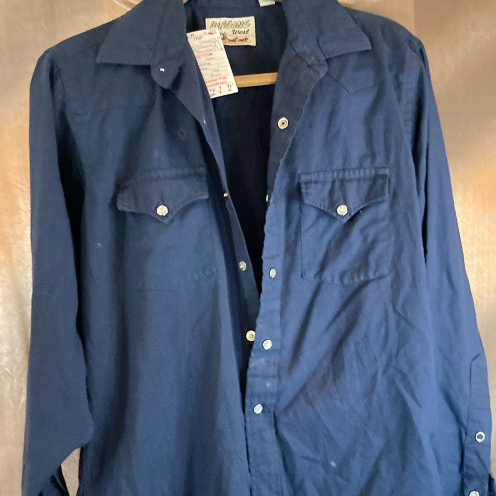 Men’s vintage navy blue cowboy snap shirt pearl button‎ Wagons West  M 400